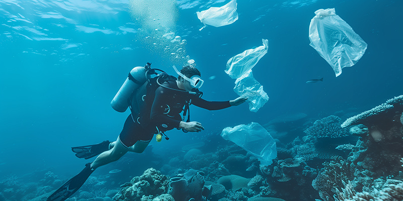 Diver picking up plastic